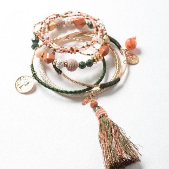 Boutique Jewelry - Boho Charm Beaded Tasseled Neutrals Earthy Bangle 5 Piece Bracelet Stack Set